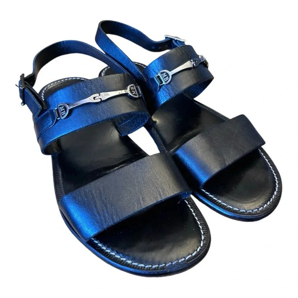 Mario Bruni Horsebit Leather Strap Black Sandals Made in Italy Comfort Luxury - Picture 1 of 15